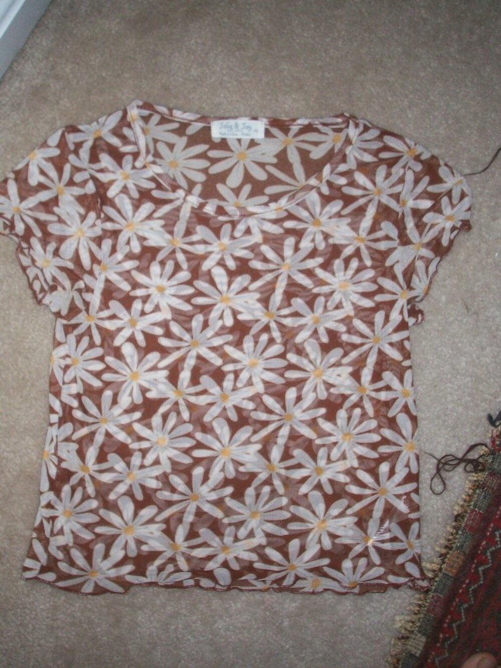 Daisy Sheer Mesh Top Floral Fairy Grunge Stretchy Short Sleeve Women’s Sz S Tee